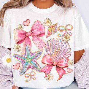 Floral Coquette Seashell Tee, Preppy Coastal Tee, Boho Summer Tee